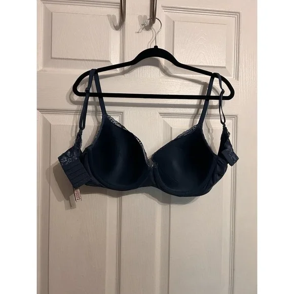 Victorias Secret 38D Bra Body by Victoria Lined Demi Padded Floral Lace Blue - Picture 12 of 14